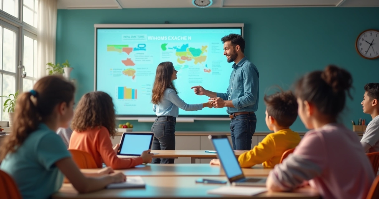 Professor em frente a uma lousa digital com alunos atentos 