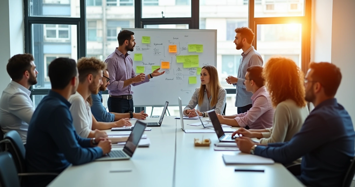 Equipe de diferentes idades reunida em uma sala, participando de treinamento corporativo com notebooks e quadro branco. 