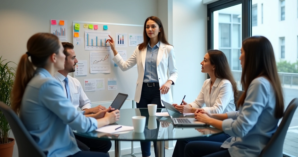 Equipe de vendas de clínica discutindo estratégias em uma mesa redonda 