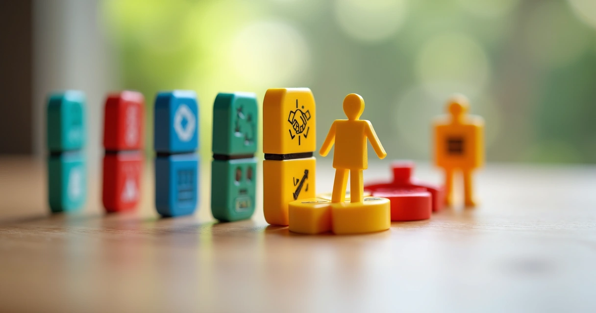 Várias pequenas peças coloridas de dominó alinhadas representando hábitos diários se unindo para formar uma figura central sólida