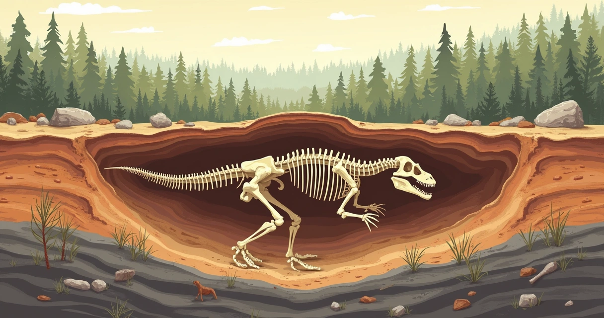 Camada de sedimentos cobrindo um fóssil de dinossauro 