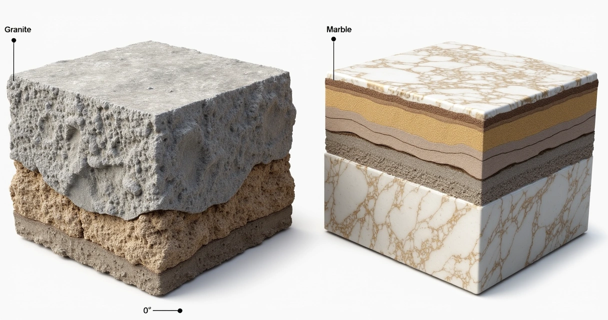 Corte mostrando camadas de granito e mármore lado a lado em perfil geológico 