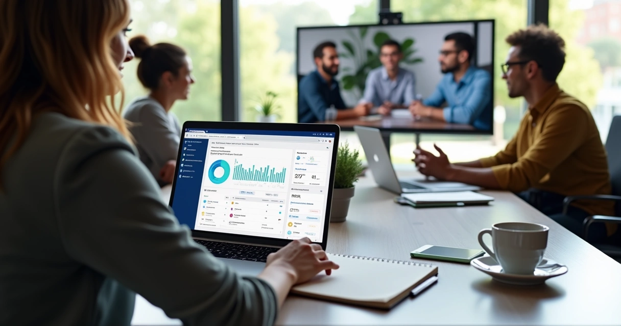Tela de computador exibindo curso online com conteúdo de OKR em espanhol e pessoas em videoconferência colaborando 