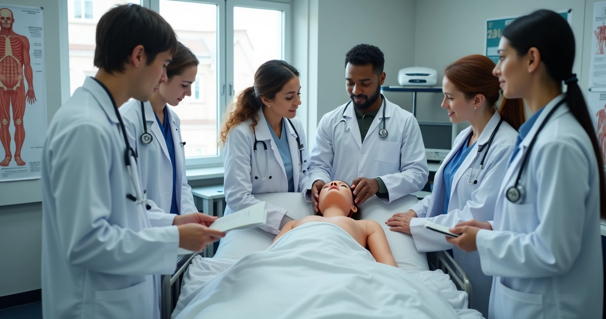 Estudantes de medicina em sala de aula simulando atendimento clínico.