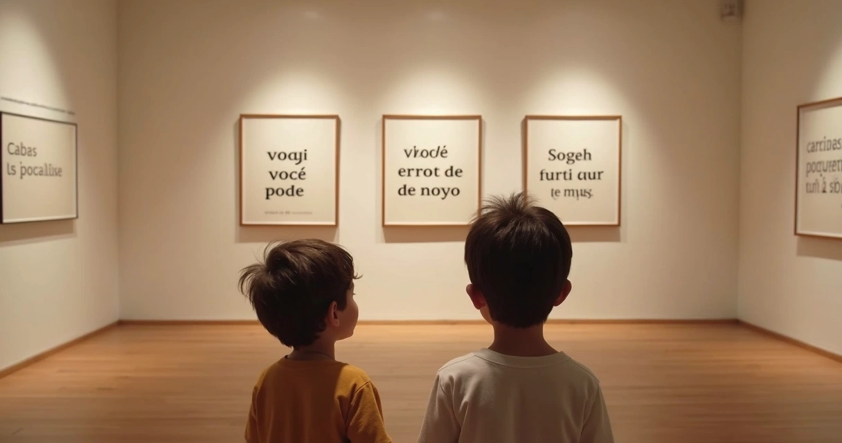 Pessoa adulta e criança observando frases em quadros, simbolizando formação de pensamentos 