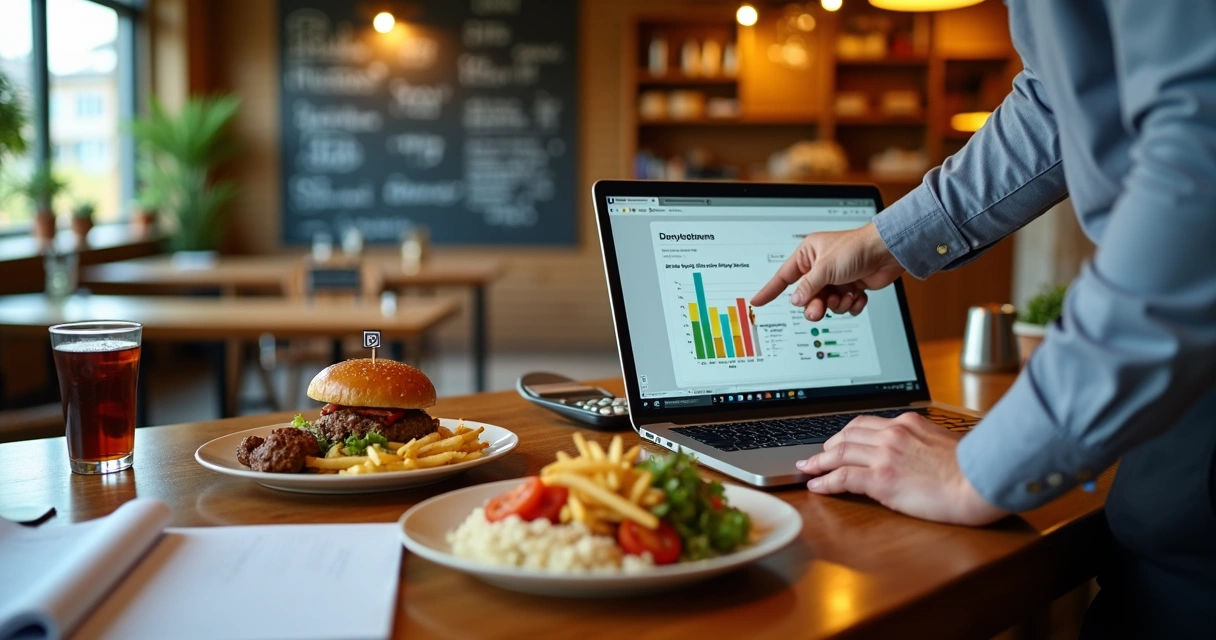 Dono de pequeno restaurante analisando custos e preços na frente do balcão 