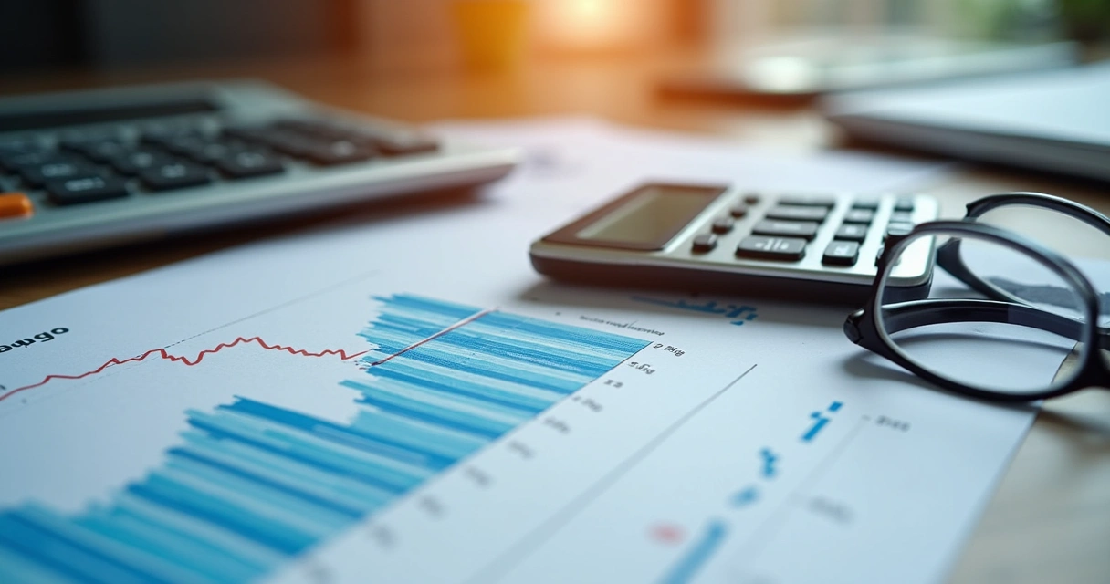 Mesa com calculadora, caderno com anotações e gráficos financeiros coloridos sobre formação de preços 