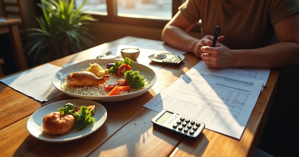 Cálculo de preços em restaurante pequeno com pratos e planilha na mesa 