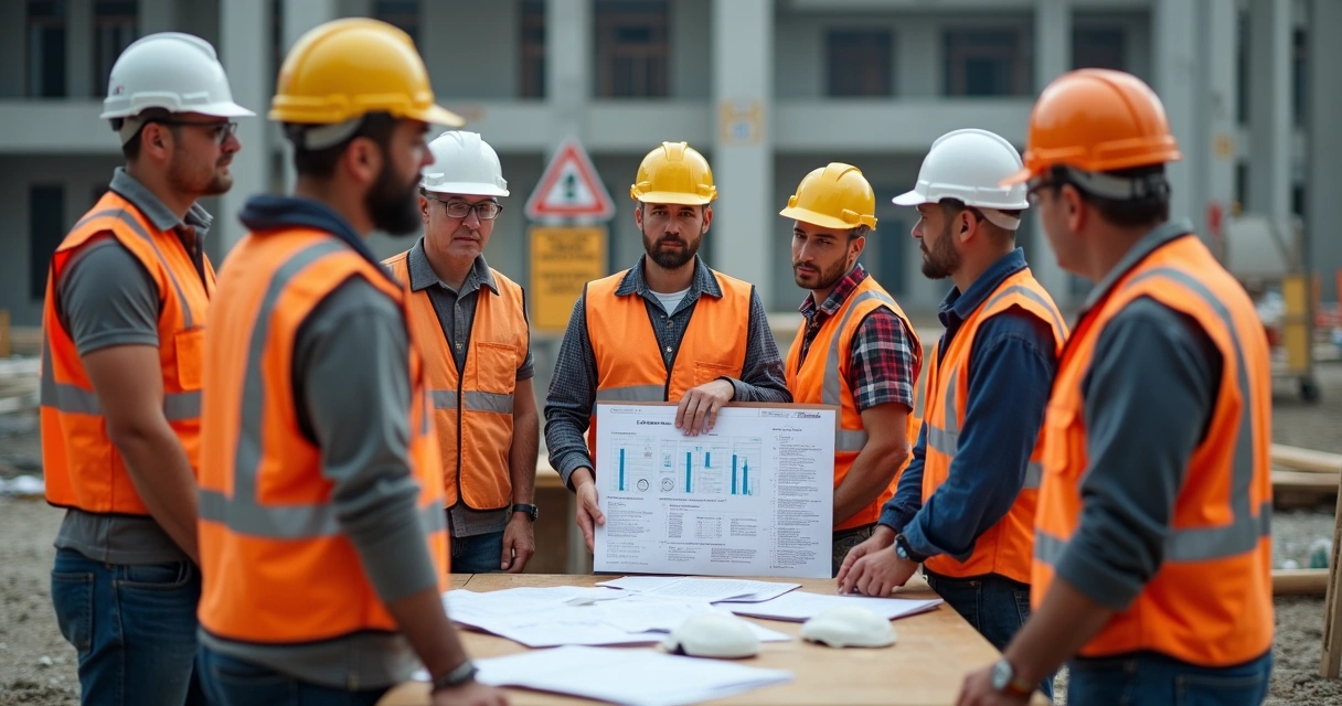 Treinamento de segurança em obra com trabalhadores reunidos 