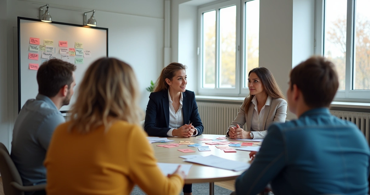 Grupo participando de dinâmica de desenvolvimento socioemocional em sala de treinamento. 