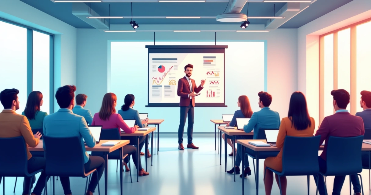 Sala de treinamento com instrutor ensinando sobre comunicação para colaboradores