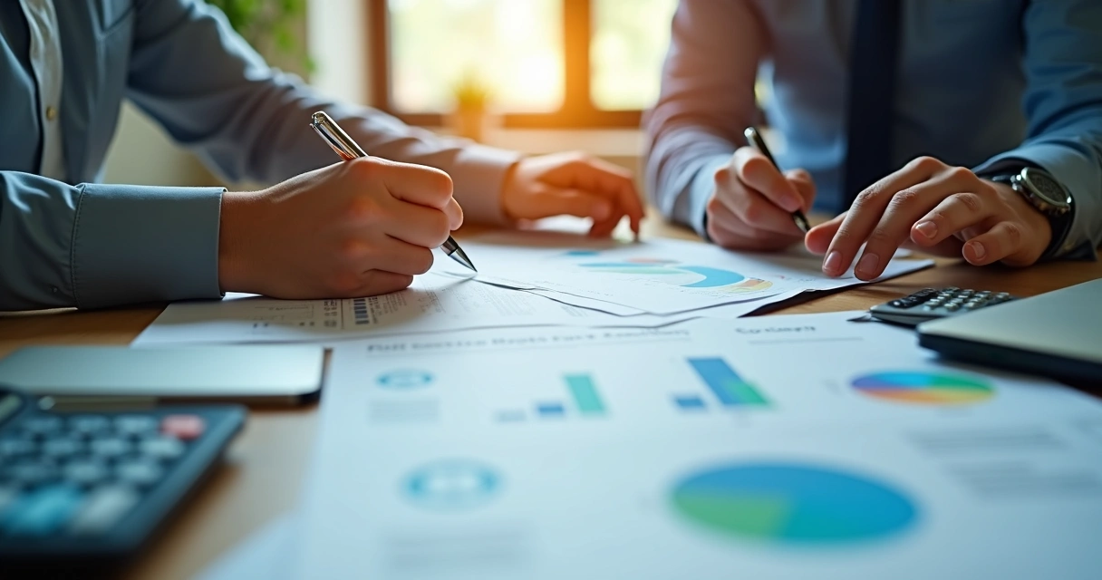 Gestor assinando contrato e CNPJ com papéis de contabilidade sobre mesa