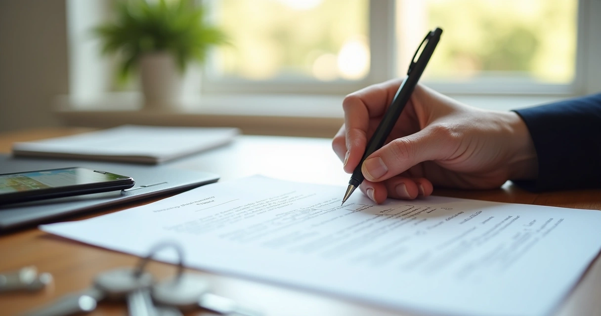 Pessoa assinando documento de devolução de imóvel com chave em cima da mesa 