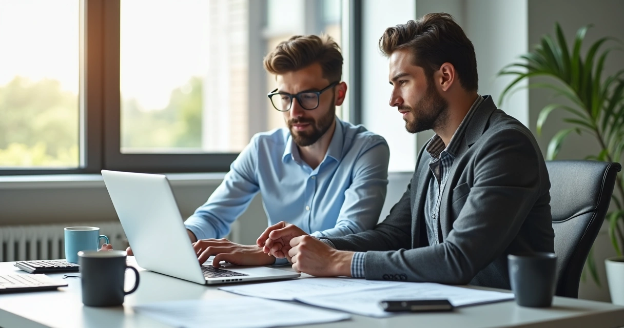 Pessoa formalizando empresa em notebook com contador ao lado