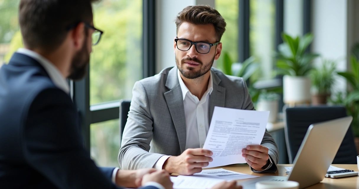 Profissional mostrando documentos de CNPJ para cliente empresário em reunião 