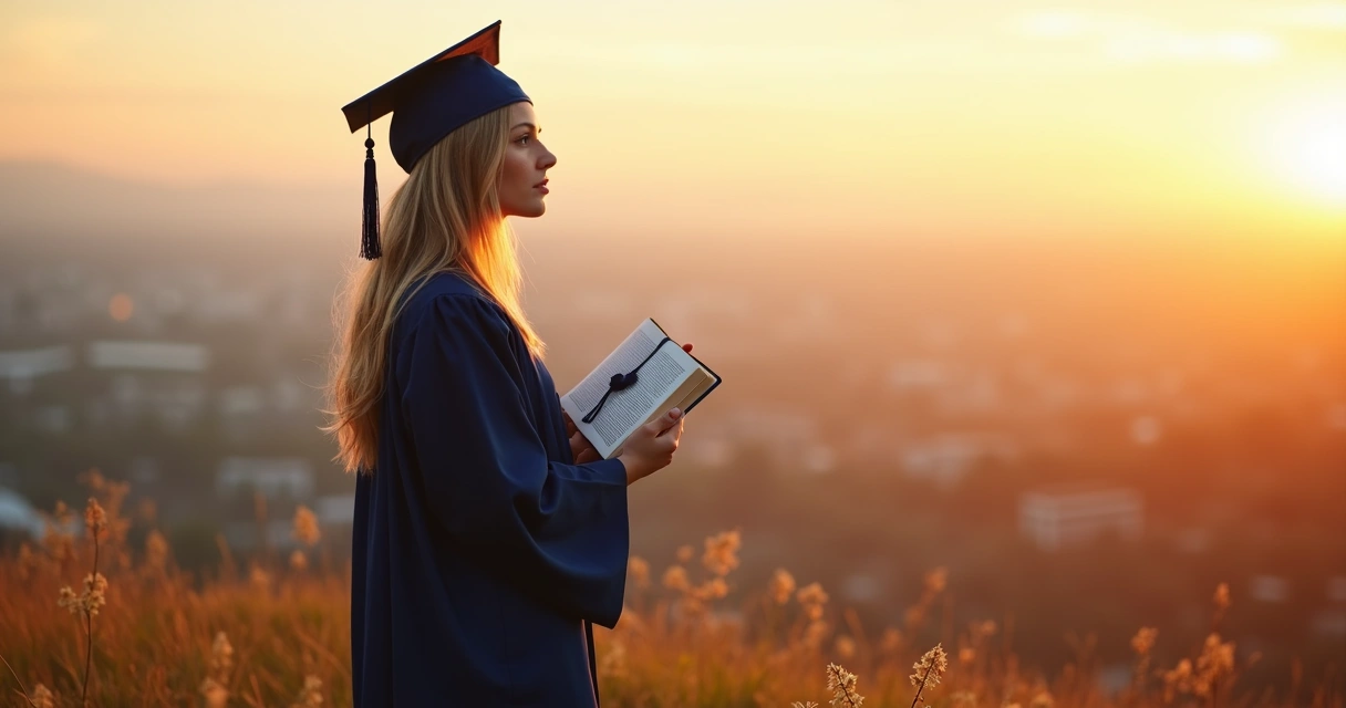 Formanda segurando diploma e Bíblia ao ar livre no nascer do sol 