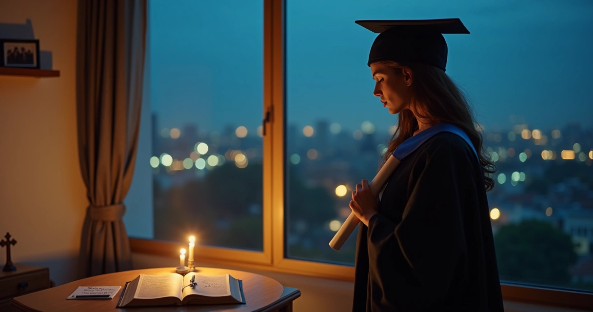 Formanda cristã em beca orando sozinha em frente à janela com diploma na mão 