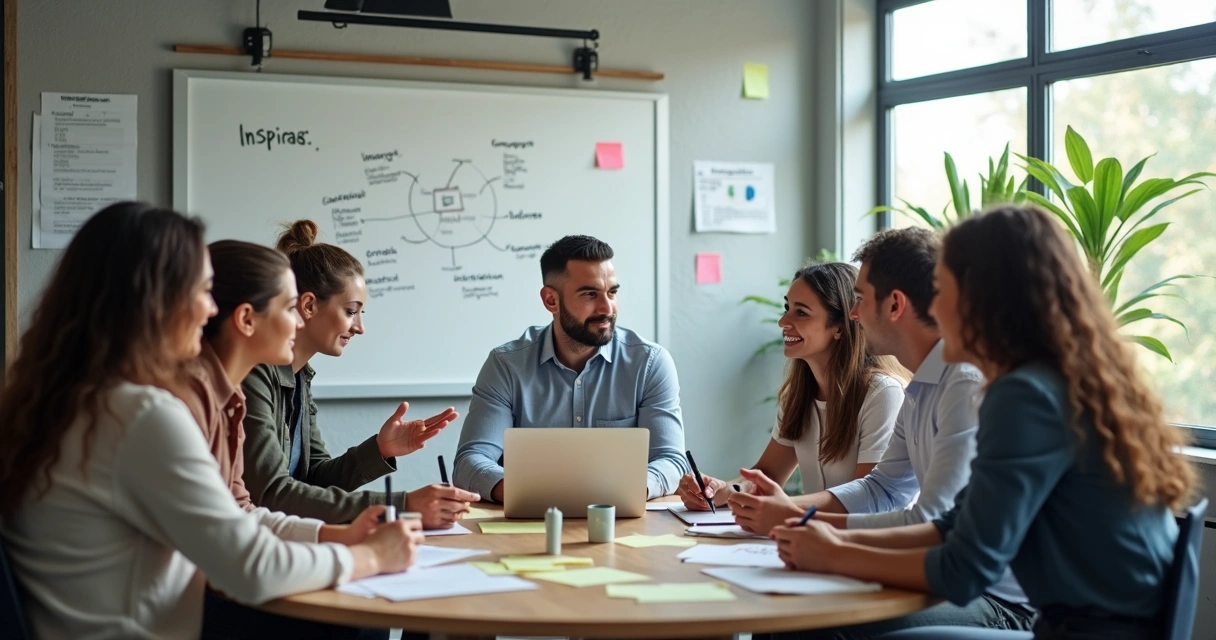 Reunião de pessoas diversas discutindo ideias em mesa redonda 