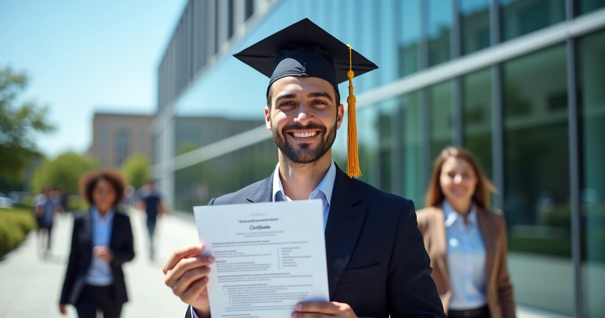 Formando exibindo currículo com vários certificados. 