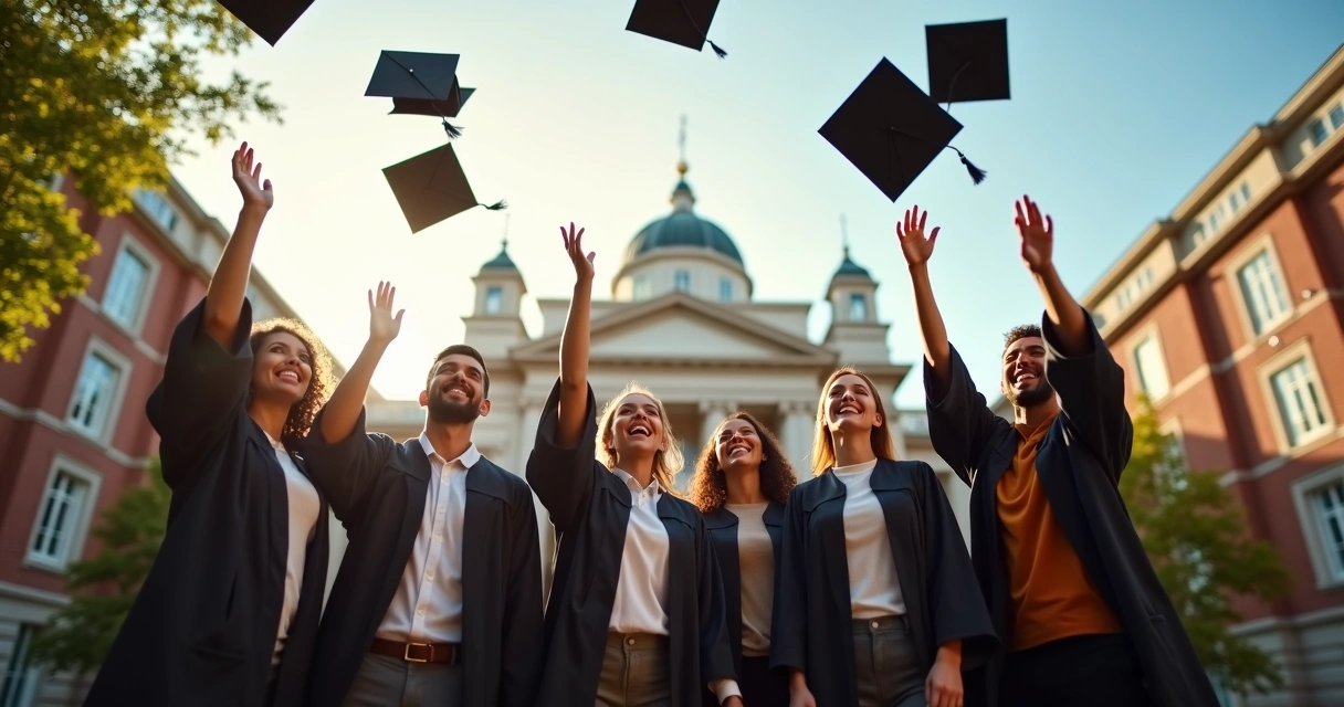 Grupo de formandos celebrando em frente à universidade, lançando becas ao ar 