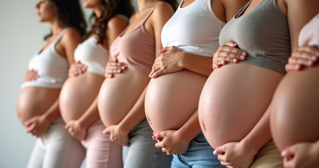 Várias gestantes com diferentes formatos de barriga lado a lado 