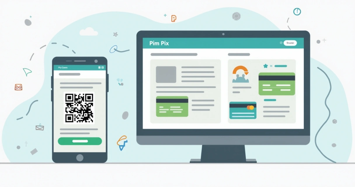 Meios de pagamento digitais Pix, cartão e boleto em tela de celular e computador com QR code em destaque 