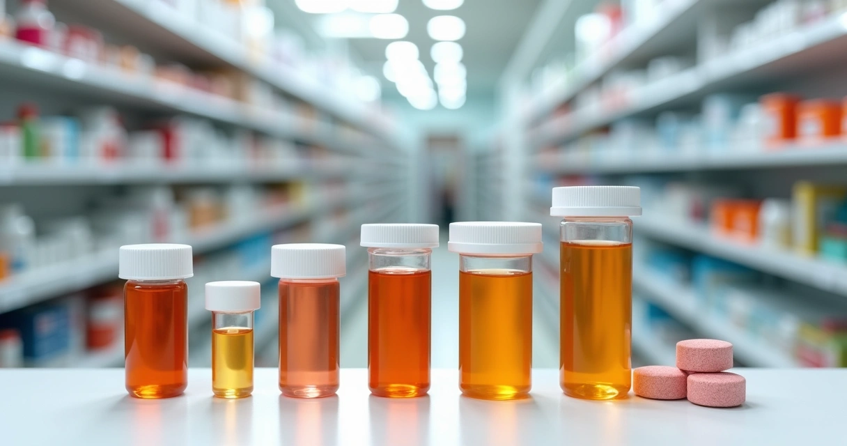 Diferentes formas farmacêuticas de medicamentos agrupadas em mesa de farmácia. 