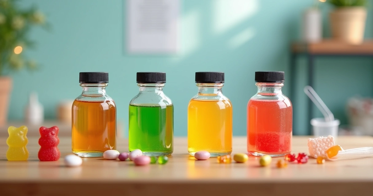 Diversos tipos de medicamentos infantis manipulados em mesa de laboratório 