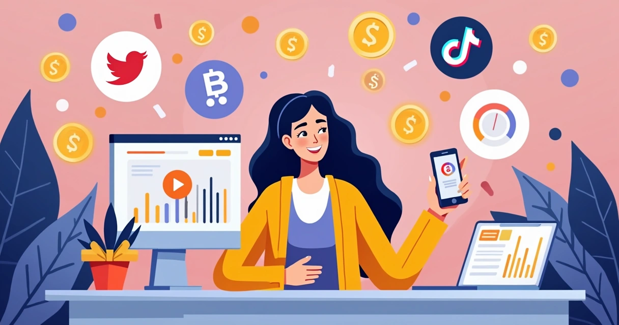 Ilustração de usuário criando vídeos no TikTok com ícones de dinheiro, presentes e parcerias ao redor 