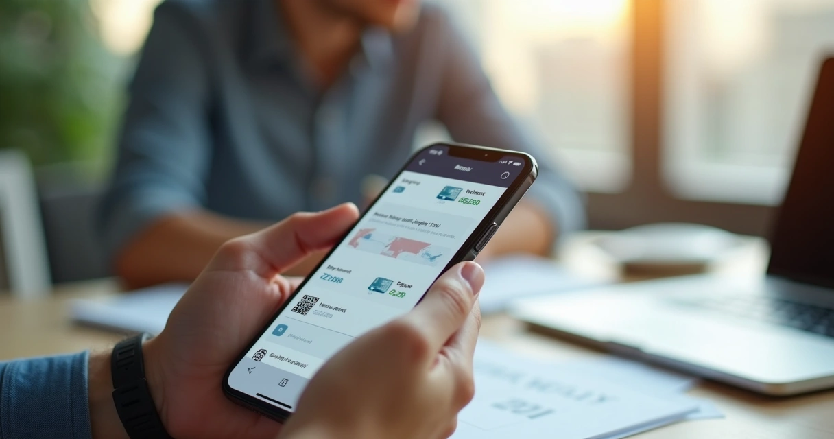 Mão segurando smartphone mostrando tela de pagamentos digitais 