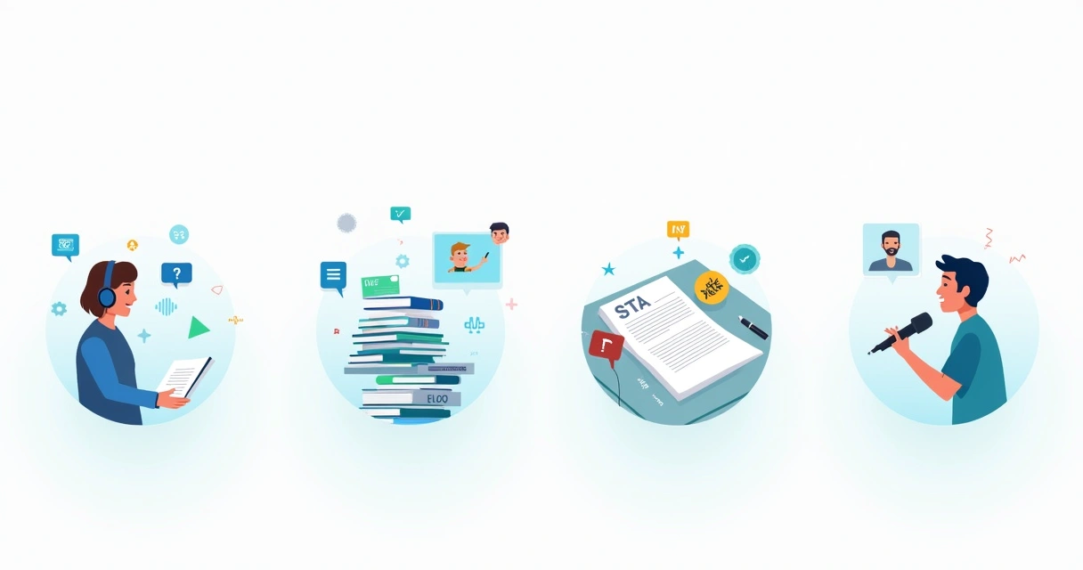 Illustration of DELF exam components: listening, reading, writing, and speaking preparations.