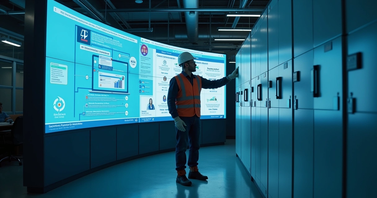 Homem participando de aula prática de NR-10 em laboratório, enquanto tela ao fundo mostra plataforma digital de ensino