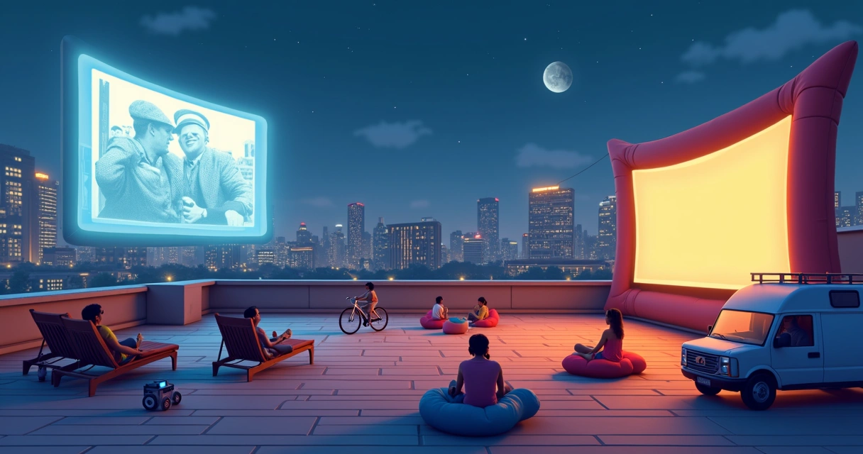 Montagem de telas projetando filmes clássicos em diferentes formatos de exibição 
