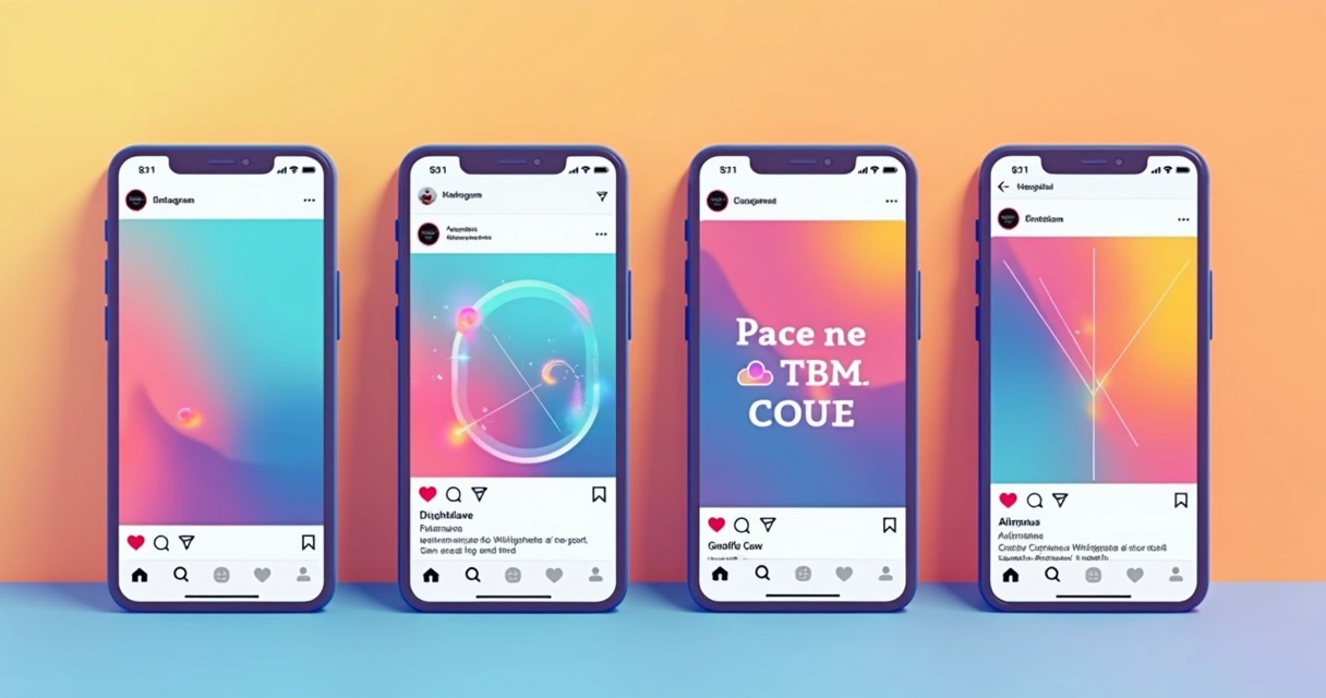 Quatro celulares exibindo diferentes formatos de anúncio do Instagram: imagem única, vídeo, carrossel e stories. 