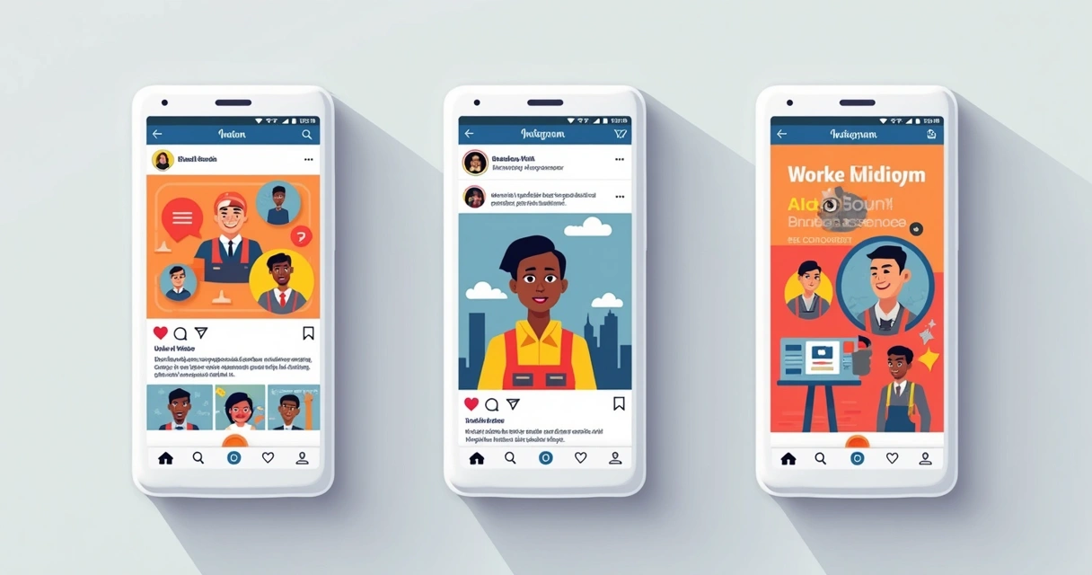 Colagem de anúncios em diferentes formatos do Instagram como stories, feed e reels com linguagem sindical 