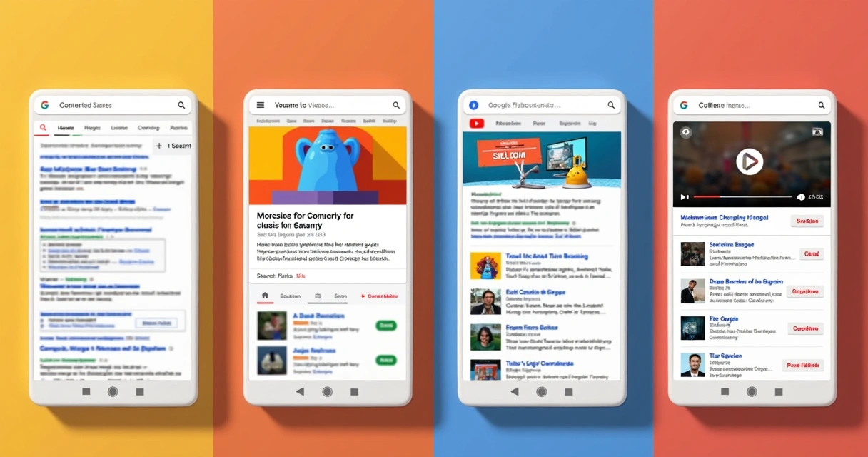 Exemplo dos principais formatos de anúncio Google, incluindo pesquisa, display, shopping e vídeo 