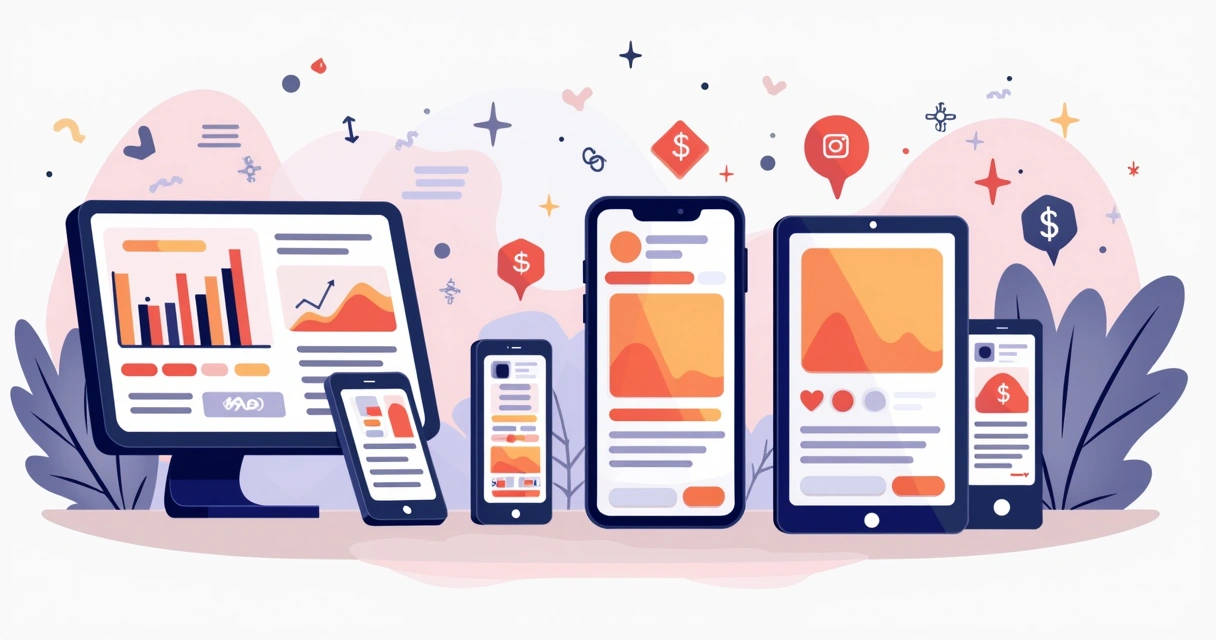 Diferentes tipos de anúncios no Instagram como carrossel, stories e reels em ilustração colorida 