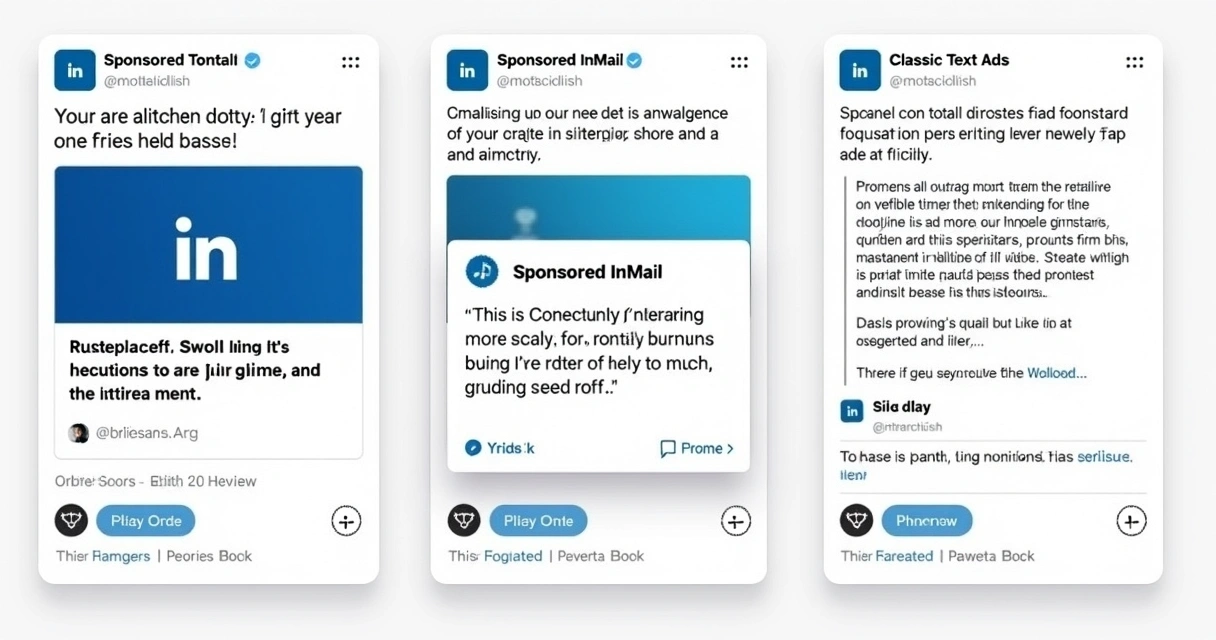 Três formatos de anúncios LinkedIn lado a lado, feed, mensagem e barra lateral 