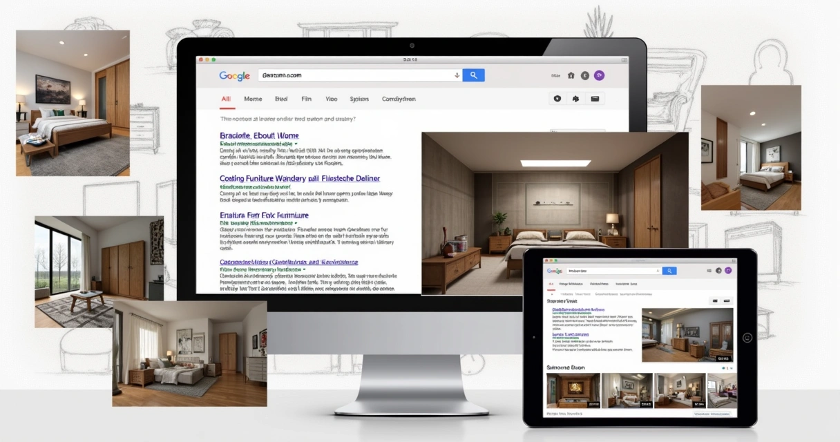 Exemplo de banners, anúncios em vídeo e pesquisa no Google relacionados a móveis 