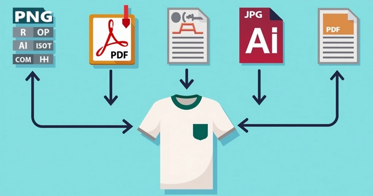 Exemplo de arquivos PNG, AI e PDF para arte de camiseta alinhados horizontalmente 