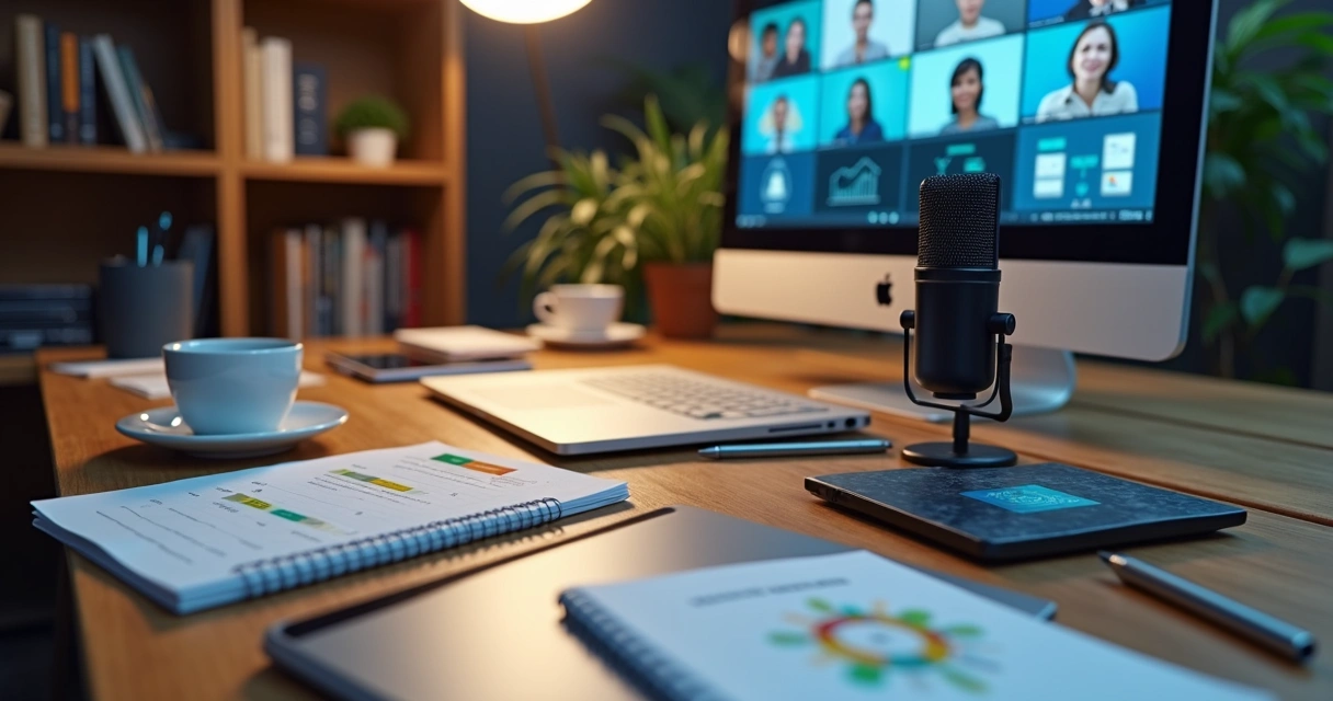 Vários formatos de conteúdo como notebooks, microfone, telão e documentos em uma mesa de trabalho 