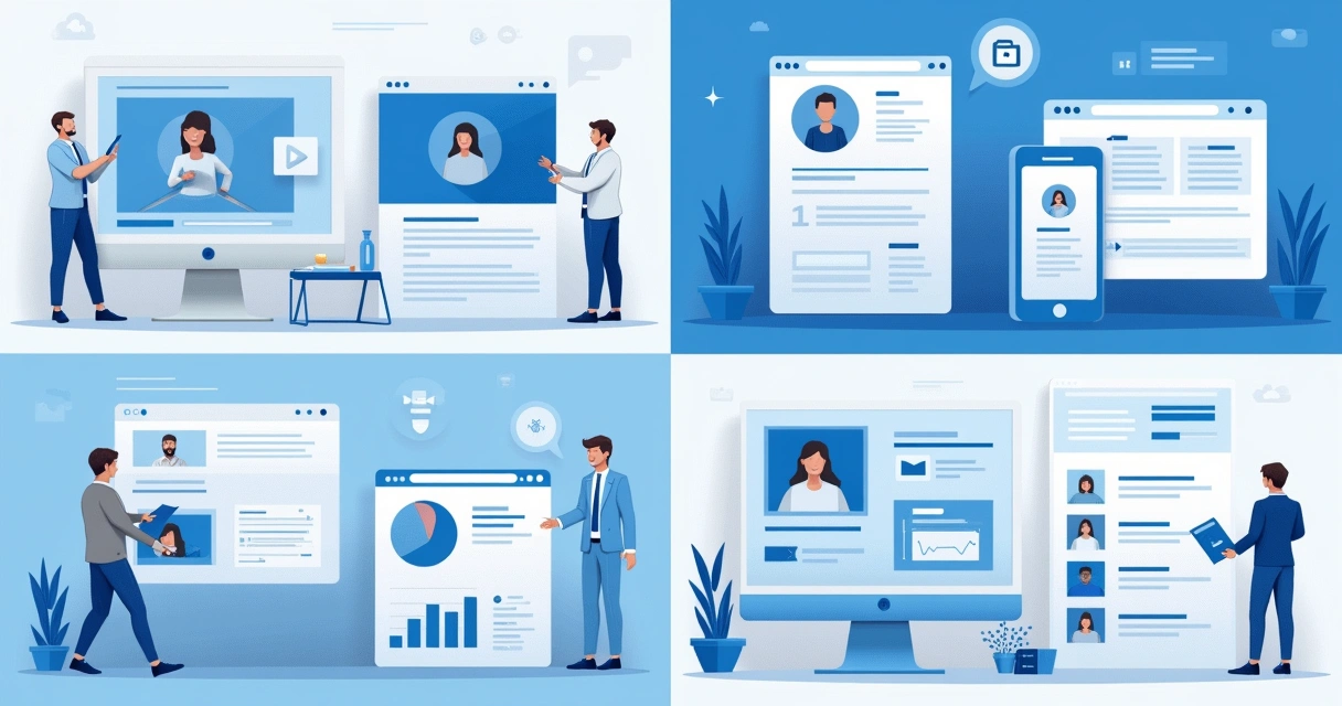 Quadro ilustrando vários tipos de posts no LinkedIn como vídeo curto, case, enquete e depoimento 