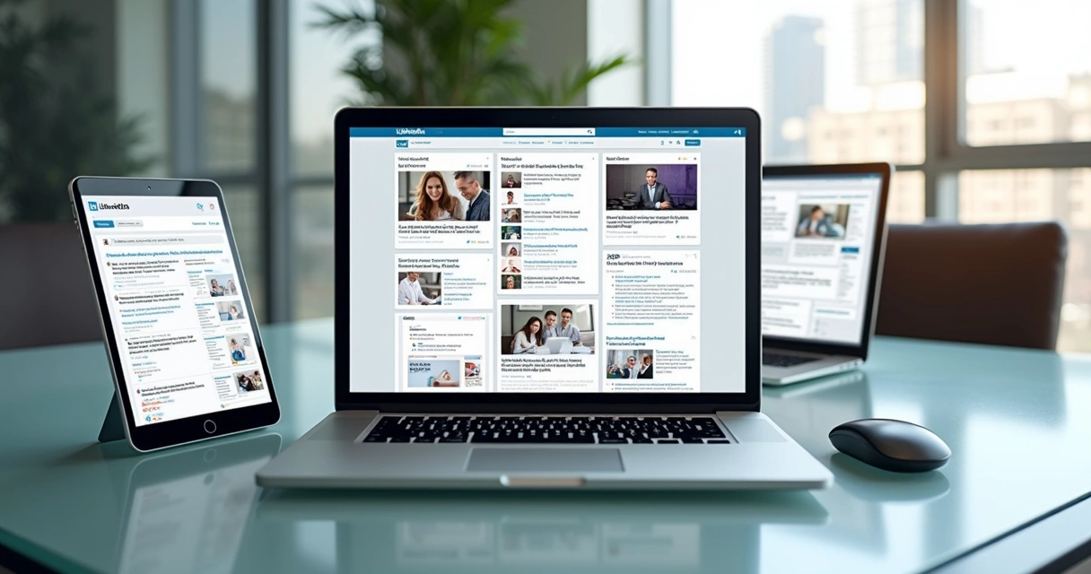 Diferentes formatos de conteúdo exibidos em telas de laptop e tablet lado a lado. 