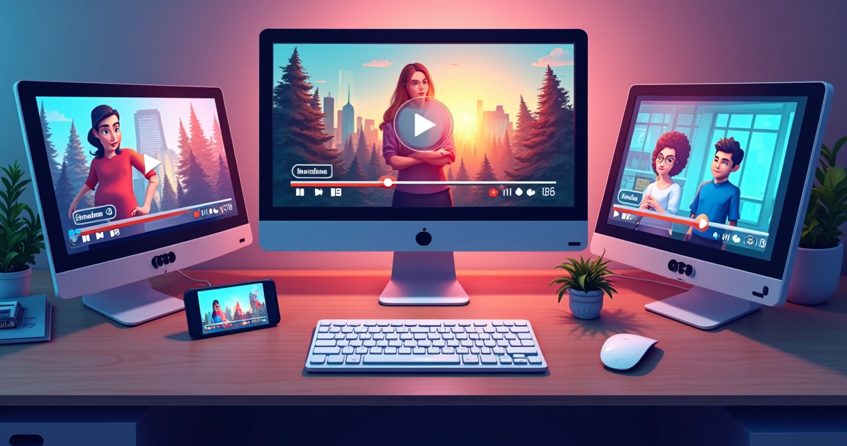 Formas de conteúdo como vídeos, imagens, textos e áudios em diferentes dispositivos 