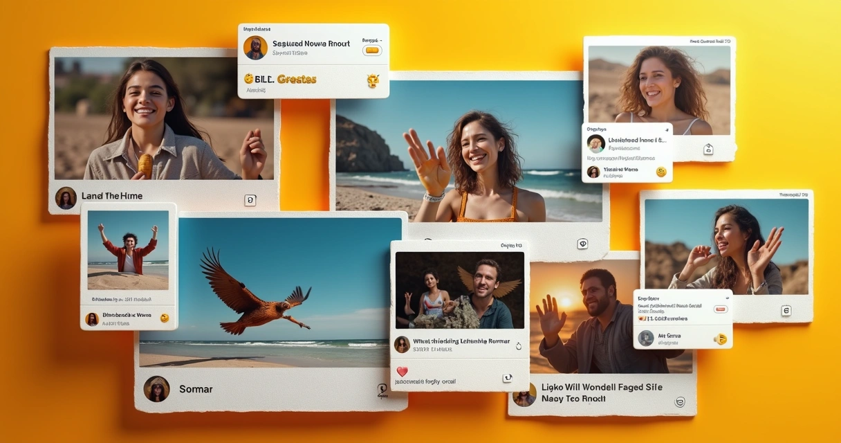 Montagem com vídeos, fotos e textos representando variedade de formatos 