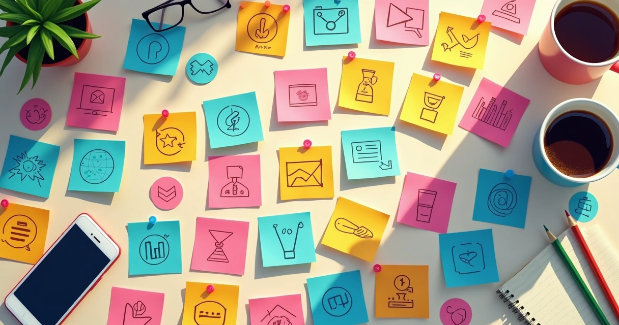 Diferentes tipos de conteúdo para redes sociais representados em papéis coloridos