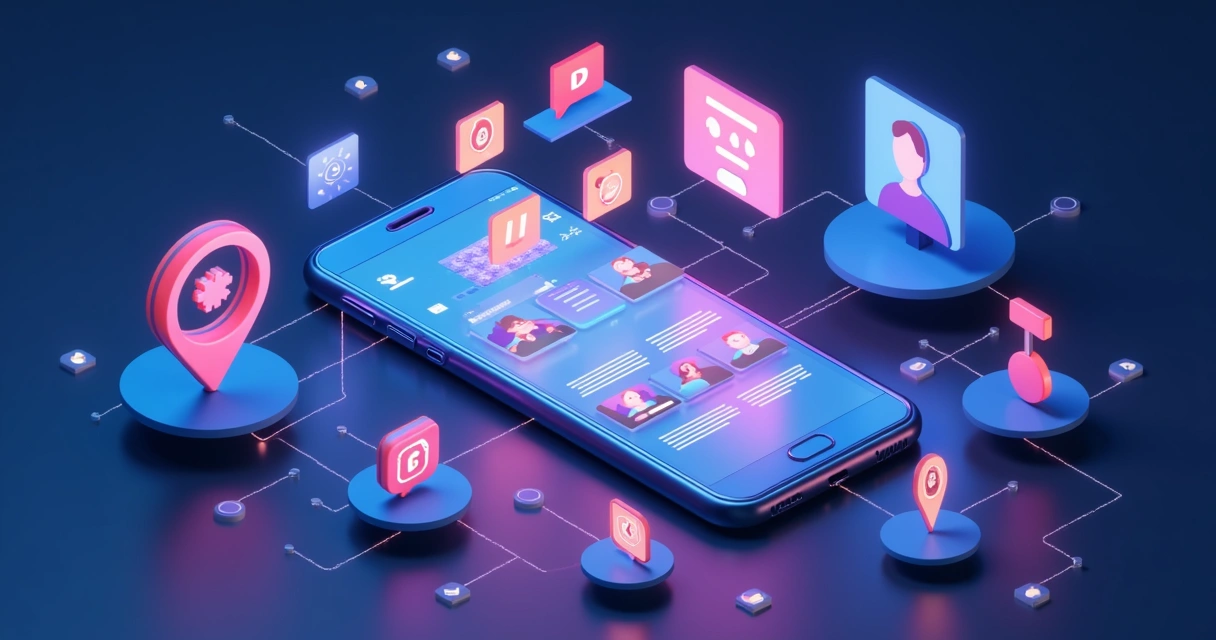 Vários formatos de conteúdo em redes sociais representados graficamente 