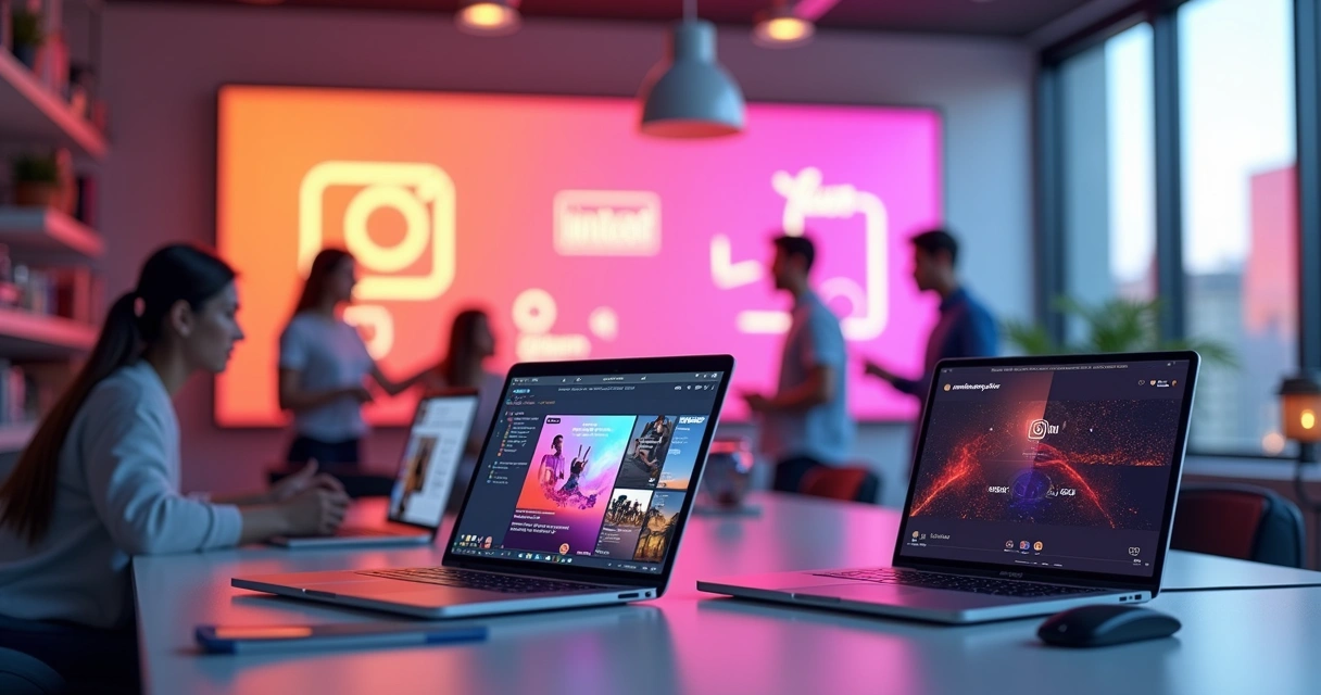 Diferentes formatos de post do Instagram representados em dispositivos digitais 