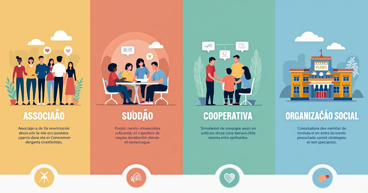 Quadro ilustrativo apresentando tipos de organizações: associação, fundação, cooperativa e organização social
