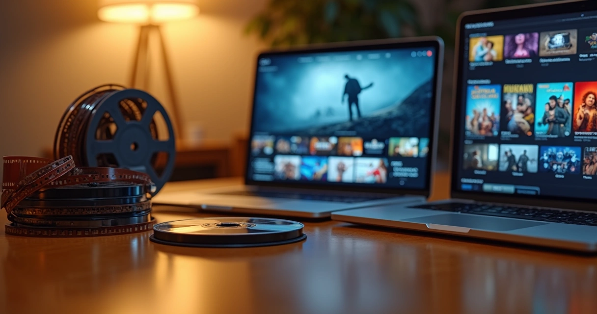 Mesa com película de filme, fita VHS e tela exibindo streaming digital 